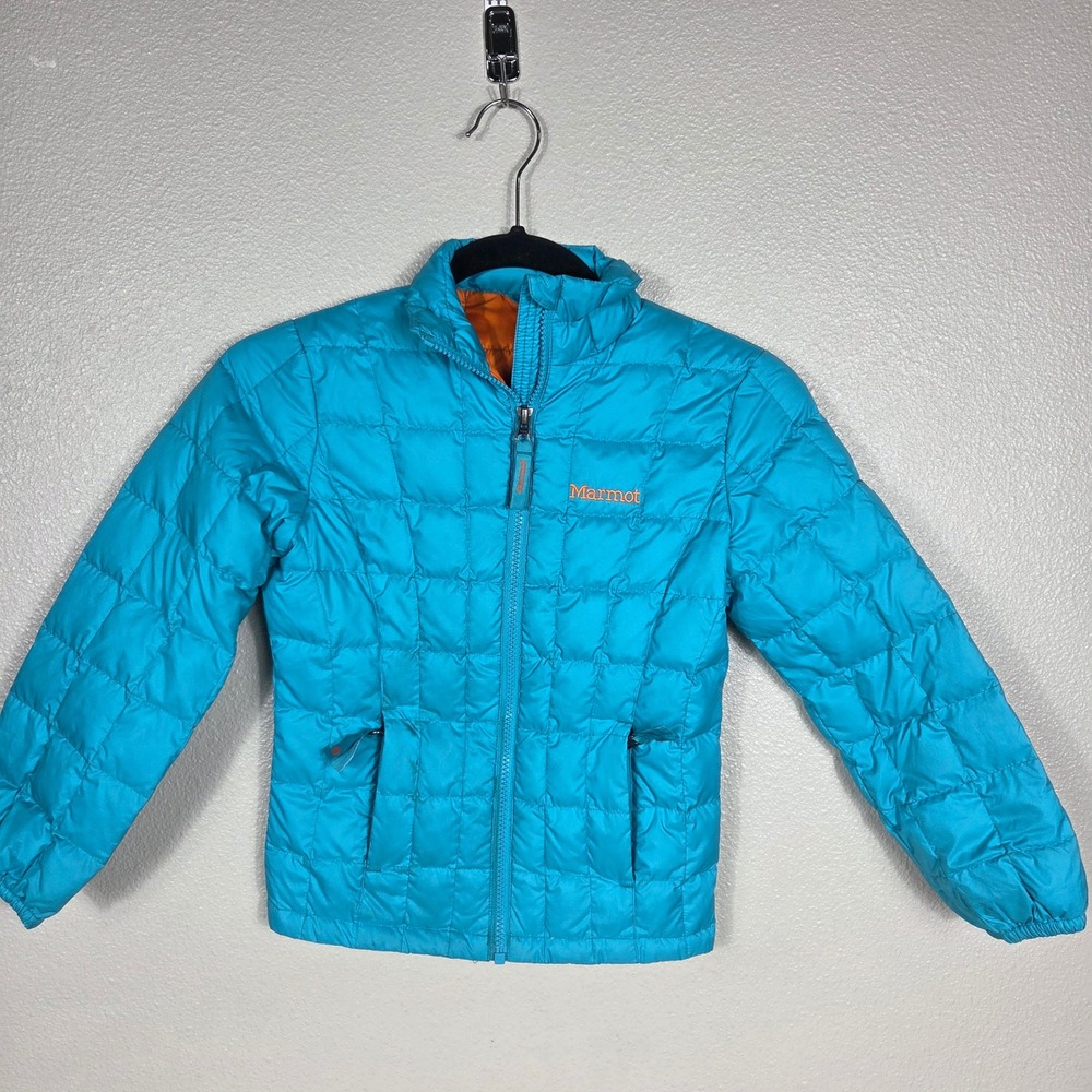 Marmot Kids XS Turquoise Duck Down Puffer Jacket Blue Orange Lightweight